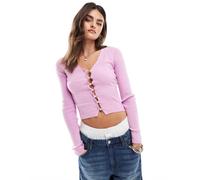 Miss Selfridge - Top a maniche lunghe lilla in maglia morbida a coste con scollo a V e bottoni in perle sintetiche-Viola L