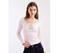 Miss Selfridge - Top a maniche lunghe rosa a coste con inserto in pizzo L