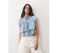 Miss Selfridge top baby doll in denim lavaggio chiaro-Blu 36