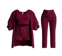 Misscosy Knit Set 4 pezzi, set da donna in maglia, pigiama in pile morbido, caldo cardigan, cappotto, gilet, pantaloncini o pantaloni (Medium,Red)