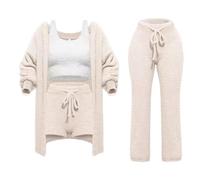 Misscosy Knit Set 4 pezzi, set da donna in maglia, pigiama in pile morbido, caldo cardigan, cappotto, gilet, pantaloncini o pantaloni (Small,Apricot)
