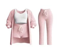 Misscosy Knit Set 4 pezzi, set da donna in maglia, pigiama in pile morbido, caldo cardigan, cappotto, gilet, pantaloncini o pantaloni (Small,Pink)