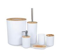 MissFox Set di 6 Accessori da Bagno in bambù, Accessori Bagno Set in bambù con Dispenser Sapone, Pattumiera, Portaspazzolino, Tazza da Denti, Spazzolino da Toilette e Portasapone, Bianco