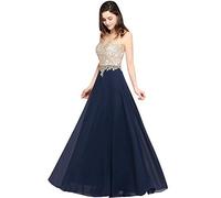 Misshow - Vestito da sera chic lungo con applique floreale traforata in mussola Bleu Marine 38