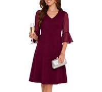 MISSJOY Abito da donna in chiffon, per matrimonio, ospite, formale | Maniche a mezza campana in chiffon, scollo a V, linea A, lunghezza al ginocchio, nasconde la pancia, abito da cocktail corto