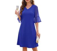 MISSJOY Abito da donna in chiffon, per matrimonio, ospite, formale | Maniche a mezza campana in chiffon, scollo a V, linea A, lunghezza al ginocchio, nasconde la pancia, abito da cocktail corto