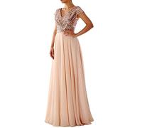 MISSMAO Abiti da Cerimonia Lungo Stile Impero Chiffon Brillantini Scollo a V Maniche Corte Vestiti da Cerimonia e Ballo Stile Impero Linea ad a Elegante Tulle Abito da Damigella,Beige,L