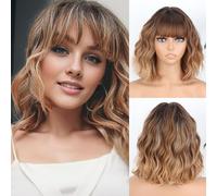 MISSQUEEN Parrucche bionde corte da donna, bob marrone biondo, miste, ondulate, con frangia, sintetiche, naturali, ondulate, ricci, evidenziate, bionde, parrucca per Halloween, uso quotidiano (marrone