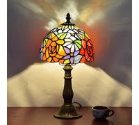 MissTable Night Light, 14" Tall Vintage Stained Glass Reading Desk Accent Bedside Piano DecoratTable Lamp for Girl Living Room Bedroom Study, Alloy Base,Red
