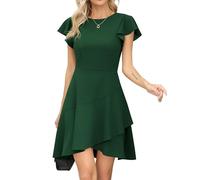 Missufe - Abito da donna con maniche a sbuffo, scollo rotondo, abito da cocktail, abito da festa con volant, abito da sera a linea A, abito skater corto, verde scuro, L