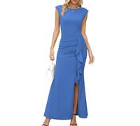 Missufe Abito da sera da donna Maxi, a maniche a ala, con ruches, scollatura, sirena, bodycon, da matrimonio, festivo, Azzurro, XS