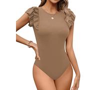 Missufe Body da donna elegante con scollo rotondo, arricciature e maniche corte, cachi, L