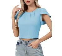 Missufe Maglietta estiva da donna con scollo rotondo, a maniche corte, pieghe, per il fitness, casual, crop, Azzurro, L