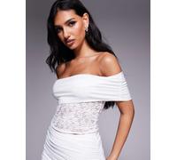 Missyempire - Top sinuoso a doppio strato con ampio scollo alla Bardot in pizzo bianco in coordinato 40
