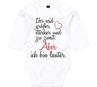Mister Merchandise Baby Body è più grande, più forte e secondario. Sono più chiaro. Body con stampa amorevole. bianco Ihr seid größer, stärker und zu zweit. Ich bin lauter. Weiß - Langarm : 0-3 Monate : 53-60cm