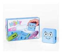 Mister Timbri | Timbro Personalizzabile per Tessuti e Oggetti con Manico Colorato Blu - Ideale per Vestiti, Zaini, Libri, Accessori Bambini - Inchiostro Impermeabile Resistente ai Lavaggi (38x14 mm)