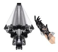 Misterioso set di velo e guanti in pizzo nero da donna di Halloween, traspirante e confortevole, copricapo per feste, elegante velo nero, B, Taglia unica