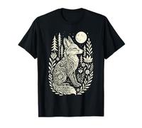 Mistico Volpe Luna Folk Art Linocut Bosco capriccioso Maglietta
