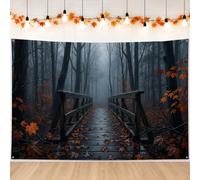 Misty Autumn Forest Bridge sfondo in legno Banner 210,8 x 150 cm | Foresta nebbiosa, sfondo fotografico, foglie cadute, sentiero rustico nel bosco, atmosfera umosa, paesaggio stagionale