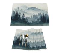 Misty Mountain Forest Tree Scene - Set di 4 tovagliette in vinile per tavoli da pranzo, tovagliette da cucina, resistenti al calore, lavabili, in PVC