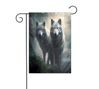 Misty Wolf Pack - Bandiera da giardino unica con supporto, perfetta per decorazioni natalizie e bandiere da giardino d'inverno, 30,5 x 45,7 cm