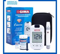 GIMA Misuratore Glicemia Glucometro Kit Completo Per Il Controllo e Il Monitoraggio Del Glucosio Nel Sangue Con 10 Strisce Soluzione Di Controllo 10 Lancette Sterili Penna Pungidito, IT,DE,GR,ES