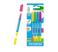 Mitama FLUO TWICE - Evidenziatori Doppia punta colori fluo - Confezione da 4 pezzi - Colori assortiti - Lunghezza 12,5 cm - Colori Scuola, Evidenziatori Scuola