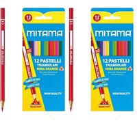 Mitama - Pastelli Colorati Triangolari Laccati - Astuccio da 12 pezzi - Pastelli Alta qualità per Disegnare, Colorare, Creare - Mina grande 3,3mm - Pastelli Scuola, Colori Scuola (Confezione da 2)