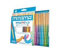 Mitama - Pastelli MINAPIU 4.0 - Confezione da 18 - Mina grande 4 mm resistente - Diametro 7,5 mm - Spazio per il nome - Colori Scuola