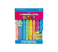 Mitama Scatole Gioco Kit Creativi - PENNARELLI JUMBO GLITTER - Presa comfort, Punta maxi - 8 pz - 4 Glitter Pastel + 4 Glitter Brilliant in Pet Box - Giochi Creativi - Giochi Formativi