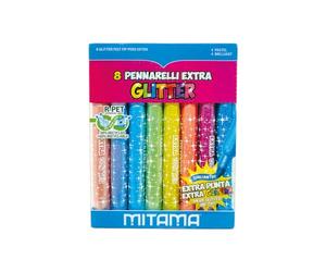 Mitama Scatole Gioco Kit Creativi - PENNARELLI JUMBO GLITTER - Presa comfort, Punta maxi - 8 pz - 4 Glitter Pastel + 4 Glitter Brilliant in Pet Box - Giochi Creativi - Giochi Formativi