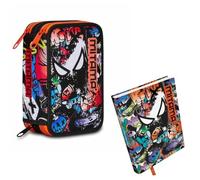Mitama Set Astuccio Scuola 3 Scomparti con 47 Pezzi, Completo di Cancelleria, Pastelli, Pennarelli, con Diario Coordinato (Spider King)