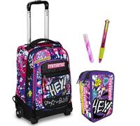 Mitama Trolley Scuola Junior con Astuccio 3 Zip, 49x20x31 cm, 35 lt, Set Completo con Penna e Colla Glitter