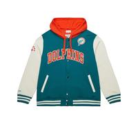Mitchell & Ness Courtside - Giacca in pile NFL Vintage College con cappuccio, maniche a contrasto, chiusura a pressione, uomo, donna, bambini, unisex, primavera, estate, autunno, inverno, Miami