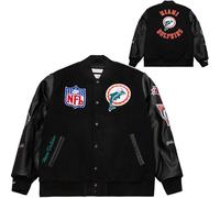 Mitchell & Ness NFL Blackout Giacca college retrò | Miami Dolphins | Misurare XL, Nero, misto lana e poliestere, maniche in PU, toppe e ricami di alta qualità su petto e maniche, polsini a coste