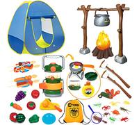 MITCIEN Tenda per bambini con kit da campeggio per bambini, lanterna a olio con suono, frutta tagliata, spiedini di marshmallow, giocattoli da campeggio per ragazzi e ragazze