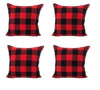 Mitefu - Set di 4 federe a quadretti, 45 x 45 cm, colore: Rosso e Nero