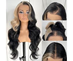 MITIMES 13x6 Skunk Stripe Parrucca Glueless Lace Front Parrucche Pre pizzicate Sintetico Body Wave parrucca bionda Wear and Go parrucca anteriore in pizzo per le donne nere