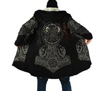 Mitologia nordica martello di Thors Giacca con cappuccio da uomo in lana calda Giacca invernale di media lunghezza con tatuaggio vichingo Caldo cappotto con cappuccio ( Color : Wolf Mjölnir S08 , Size