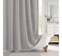 MitoVilla Tenda da doccia lunga in stile boho, 183 x 198 cm, in tessuto di cotone e lino, con nappa, per arredamento rustico francese chic per il bagno, marrone grigio