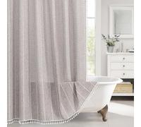 MitoVilla Tenda da doccia lunga in stile boho, 183 x 198 cm, in tessuto di cotone e lino, con nappa, per arredamento rustico francese chic per il bagno, marrone grigio