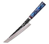MITSUMOTO SAKARI 21 cm Coltello Giapponese, Coltello Cucina in Acciaio Damascato Tricolore Forgiato a Mano, Coltelli da Cucina Professionali per Sushi (Manico in Resina Blu)