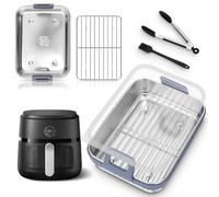 Mittimiya Set di teglie per friggitrice ad aria calda Ninja AF400EU/AF500EU/SL400EU/Cosori con 2 scomparti, accessori Airfryer in acciaio inox 304 con anello in silicone rimovibile, griglia e