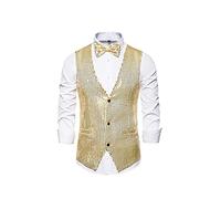 Miucchy - Gilet da uomo con paillettes a 3 bottoni, con scollo a V, con fiocco, Oro, XL