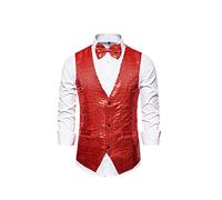 Miucchy - Gilet da uomo con paillettes a 3 bottoni, con scollo a V, con fiocco, Rosso, L