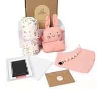 MiuK!ns Coffret cadeau pour bébé fille 6 en 1, cadeau de naissance pour garçon, couverture en mousseline, doudou, bavoir, chaîne porte-doudou avec empreinte de pied, bon d'achat (Rosa)