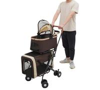 MIUKYUI Carrello per animali domestici a due piani, design 2 in 1, per cani e gatti, cani di piccola e media taglia, pieghevole con 4 ruote e portata massima 35 kg (colore caffè)