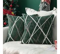 MIULEE Natale Federe Cuscini per Divano Copricuscini Decorativi Rettangolare Chenille Stampata a Raggi Fodere Cuscino Elegante per Camera da Letto Soggiorno 2 Pezzi 40x40cm Verde Scuro