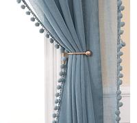 MIULEE Tenda in voile blu con sfera di peluche, decorazione per camera da letto, soggiorno, set di 2 (2 x 140 x 245 cm), tende per finestre interne con passante, tende con pompon per camera da letto