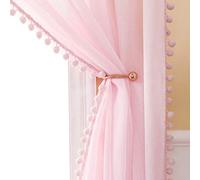 MIULEE Tenda in voile rosa con sfera di peluche, decorazione per camera da letto, soggiorno, set di 2 (2 x 140 x 260 cm), tende per finestre interne con passante, tende con pompon per camera da letto